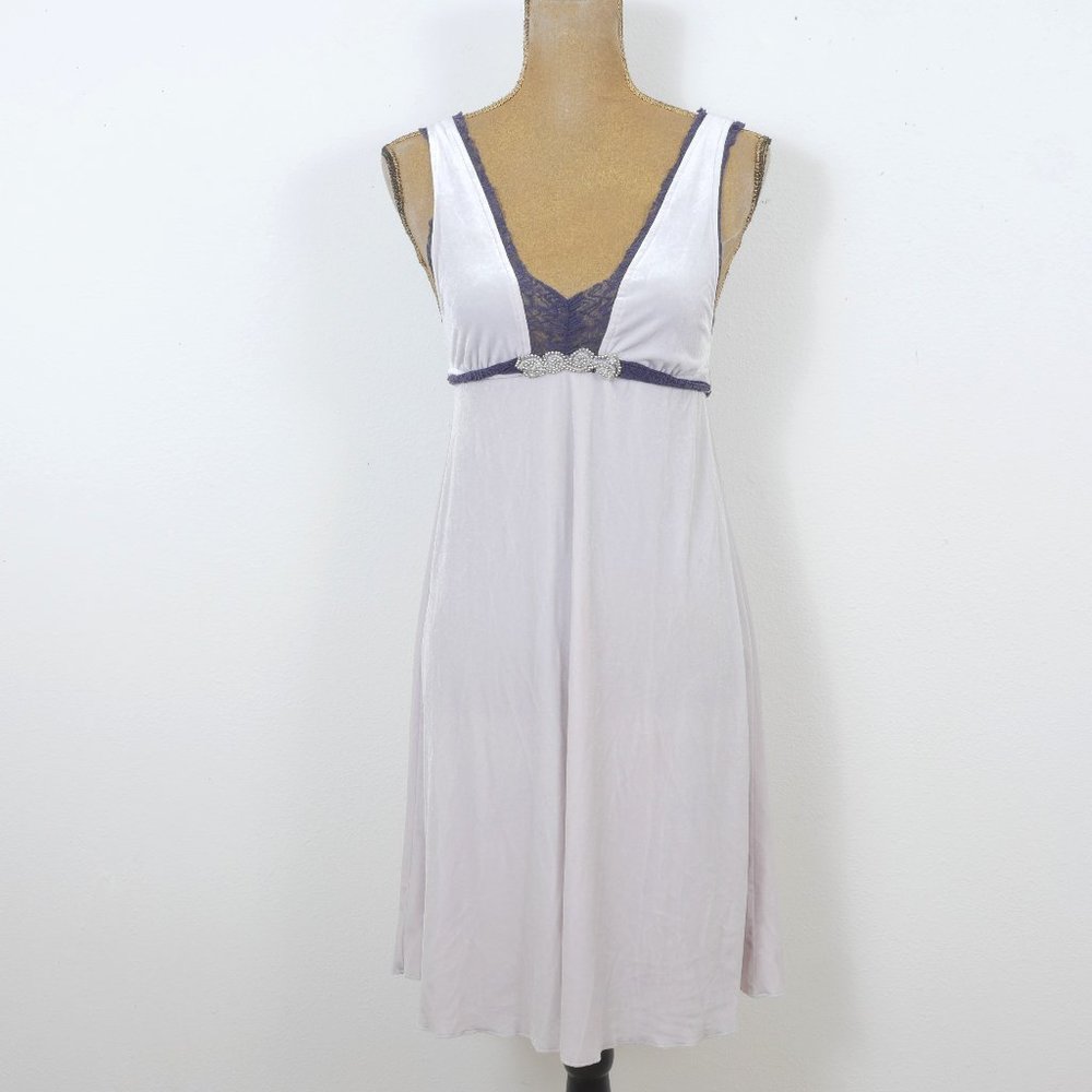 Free People Silver Velvet Dark Gray Lace Trim Sleeveless Retro SZ S/P Slip Dress